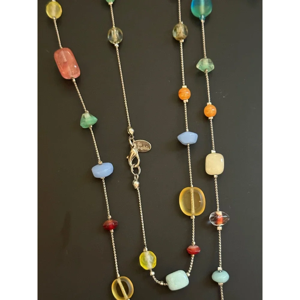 Lia Sophia Multi Color Bead Station Necklace Silver Tone Long 38 Inch Boho